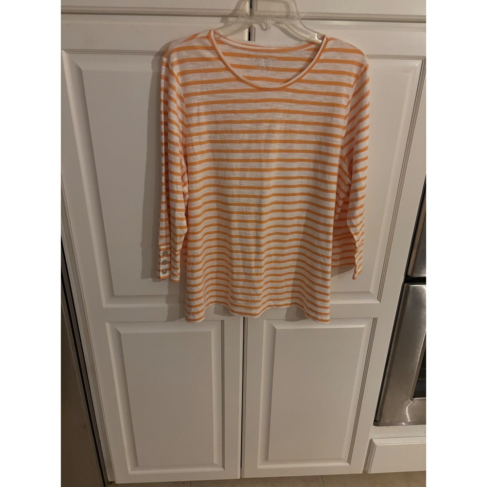Chicos Orange White Striped Cotton Modal Top Button Cuff Crew Neck XL Size 3